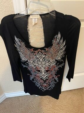 Angels & Diamonds Black Long-Sleeve Tee with Winged Cross Graphic new
